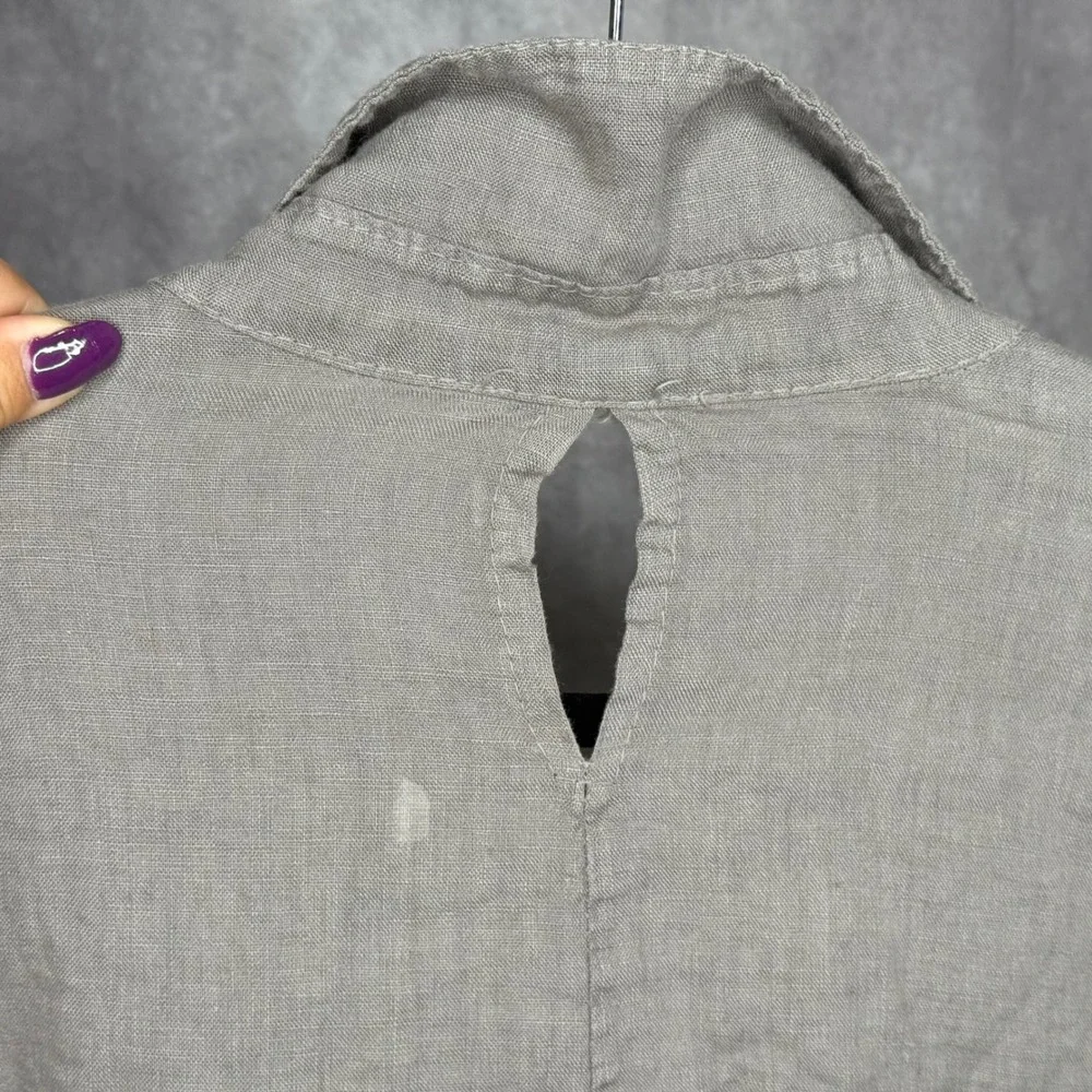 Meo Meli Italy Linen Button Up Shirt Top Roll Tab Sleeve Gray Brown READ - Picture 6 of 6